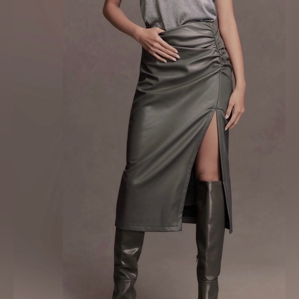 Anthropologie Olive Green Faux-Leather Midi Skirt with Side Slit